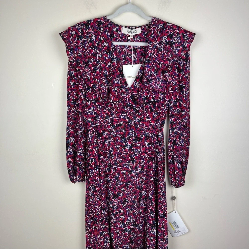 Diane von Furstenberg Bella Wrap Effect Ruffled Silk Crepe de Chine Midi Dress 2 - Picture 3 of 11